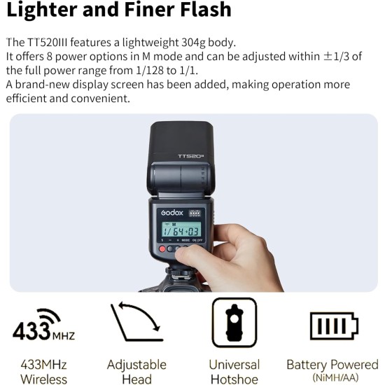 GODOX TT520III Camera Flash Speedlite - Wireless 433MHz GN33 Camera Flash (TT520II Upgraded) GODOX TT520III Camera Flash Speedlite - Wireless 433MHz GN33 Camera Flash (TT520II Upgraded)